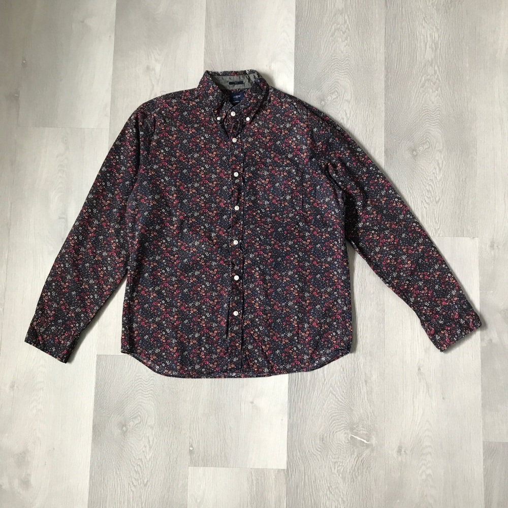 J CREW NAVY FLORAL SHIRT POPLIN LONG SLEEVE BUTTON MENS LARGE